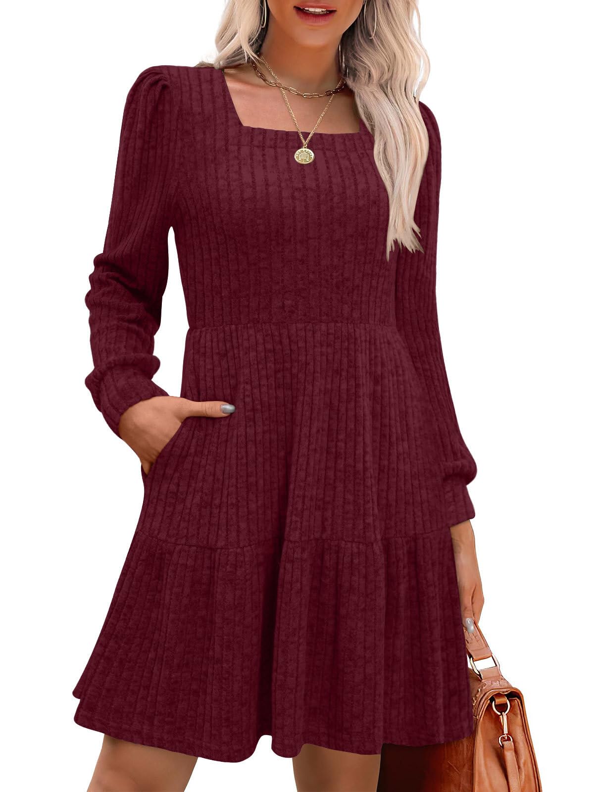 MixShe Womens Fall Dresses 2025 Square Neck Long Sleeve Winter Dress