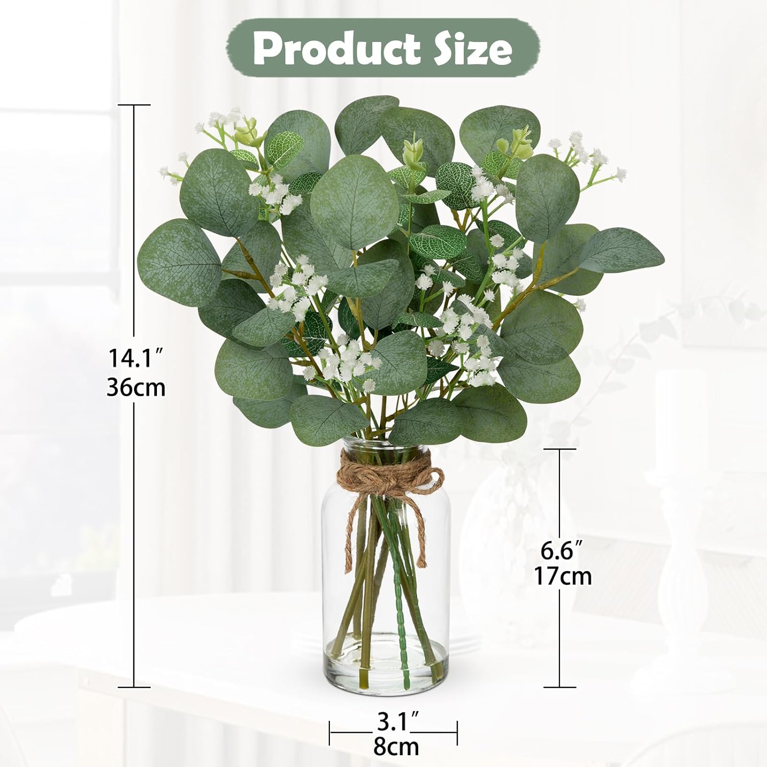 Briful Artificial Eucalyptus Stems with Baby Breath Flowers in Glass Vase with Faux Water, 14" Fake Plant Eucalyptus Leaves for Home Farmhouse Wedding Centerpiece Bathroom Décor