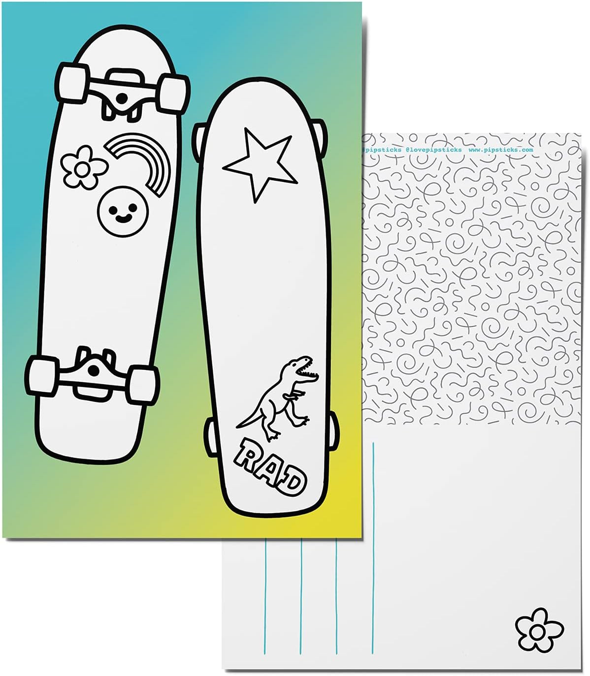 Pipsticks, Color-in Skate Decks Postcard 12 Pack, Personalized Postcards for Friends, Family, and Postcrossing, Customizable Long Distance Greeting Card Stationary for Vacations and Time Abroad