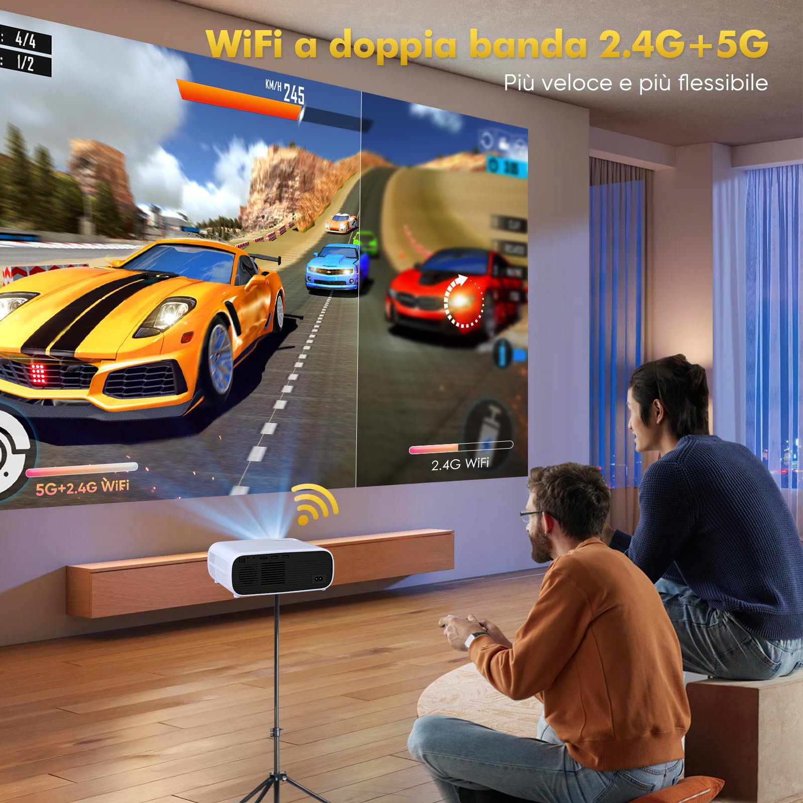 Nuovo proiettore 2024, Bluetooth e WiFi, 18000 lumen con supporto 4K, proiettore video HD, compatibile con PS5 e switch (grigio)