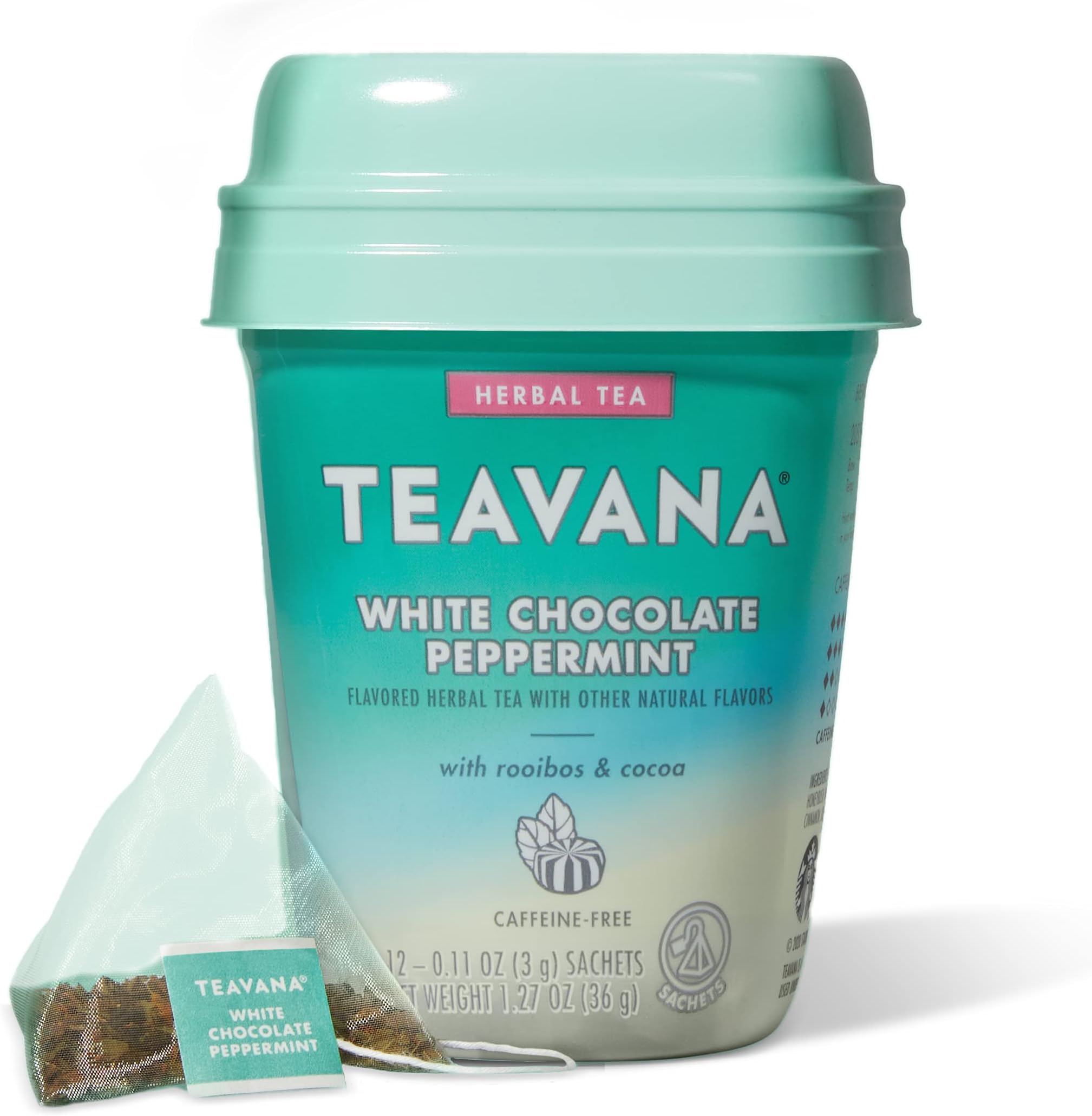 Teavana White Chocolate Peppermint Herbal Tea with Rooibos and Cocoa Caffeine Free, 48 Sachets Total, 60.96 Ounce, (Pack of 4)