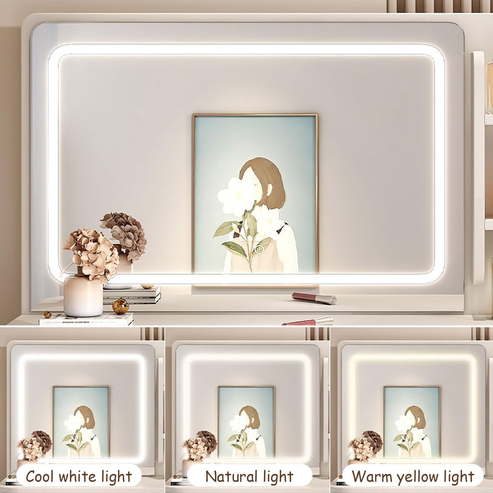Tavolo da toeletta con luci a specchio, elegante scrivania con cassetti e mensola, ideale per piccoli spazi e organizzazione del trucco