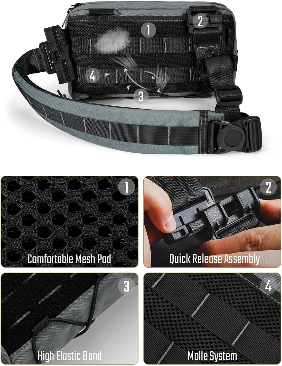 TACTICAL_GEEK Crossbody Shoulder Bag, Multipurpose Daypack, Chest Backpack Casual Sling Bag for Men & Women (L3C-Grey) - Image 4