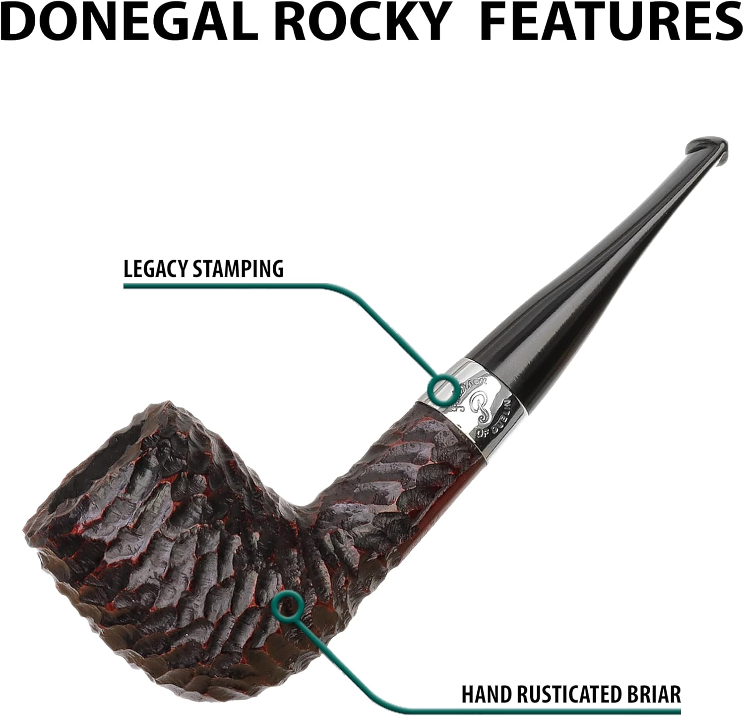 Peterson Pipes Donegal Rocky Series - Rusticated Collectible Briar Wood Pipe, Made in Ireland, Fishtail, 3mm (106 Straight Billiard)