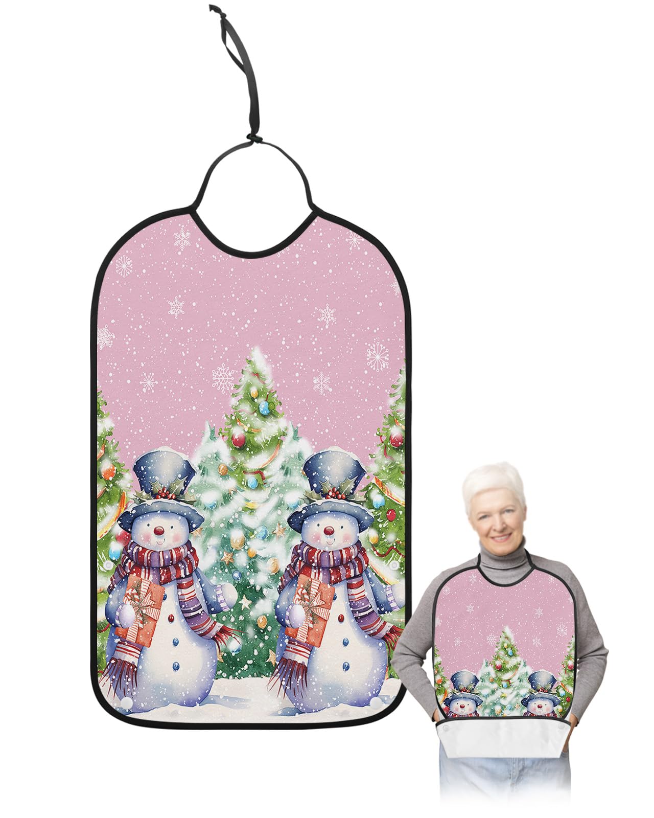 Christmas Adult Bibs for Eating, Waterproof Bibs with Food Catcher & Adjustable Snap Closure, Pink Snowman Xmas Winter Snowflake Green Tree Clothing Protectors Adult Bibs for Elderly Women/Men