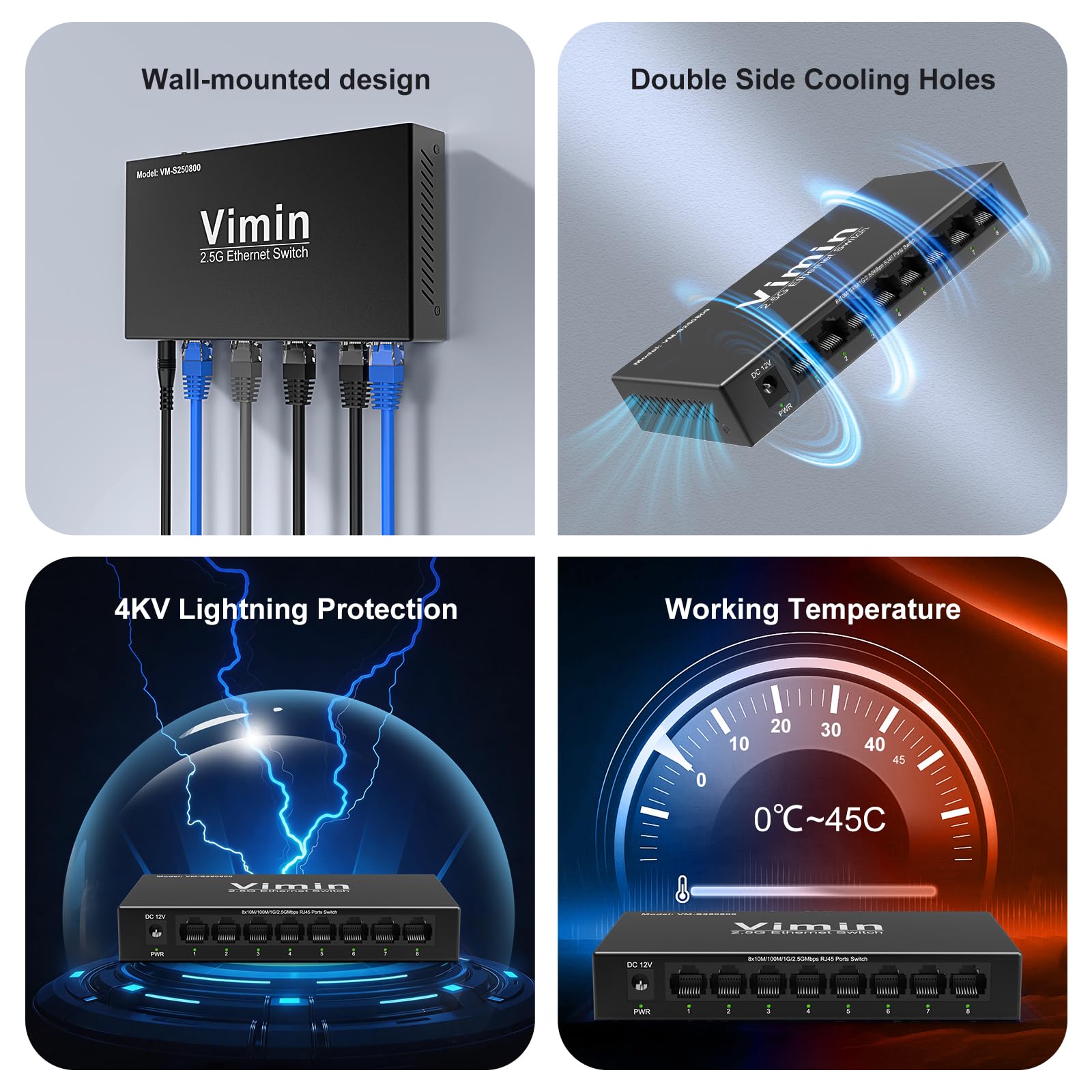 2,5G Switch Unmanaged mit 8 Ports, VIMIN 8x2,5G RJ45 Anschlüsse Switch, Plug&Play 2,5G Ethernet Switch, Metallgehäuse, für Tisch- oder Wandmontage, für Heim und Büronetzwerke