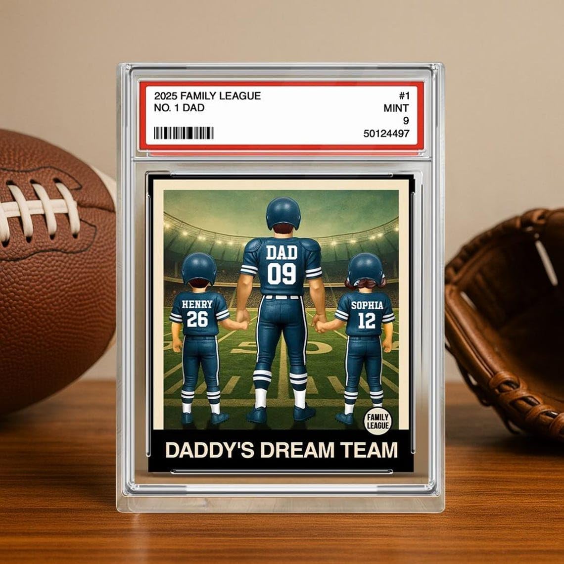 V-DECORPARKS Custom Dad Man & Kids Football Trading Card Style Acrylic Block – Personalized Father’s Day Keepsake from Son or Daughter -Daddy’s Dream Team Display with Kids’ Names - Sports Gift