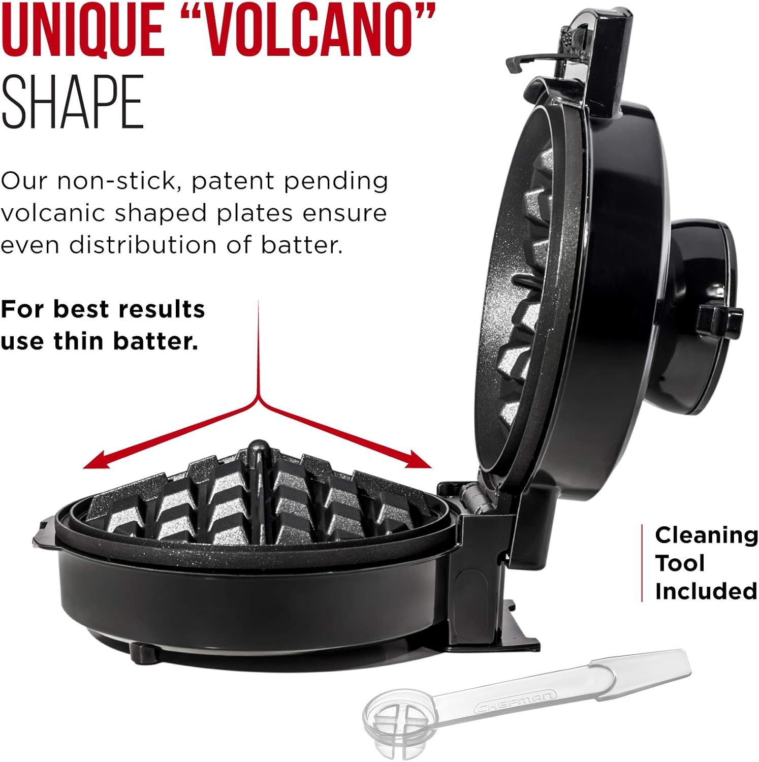 Chefman Perfect Pour Volcano Belgian Waffle Maker w/No Overflow Design Round Iron for Mess-Free Breakfast, Best Small Appliance Innovation Award Winner, Measuring Cup & Cleaning Tool Included, Black