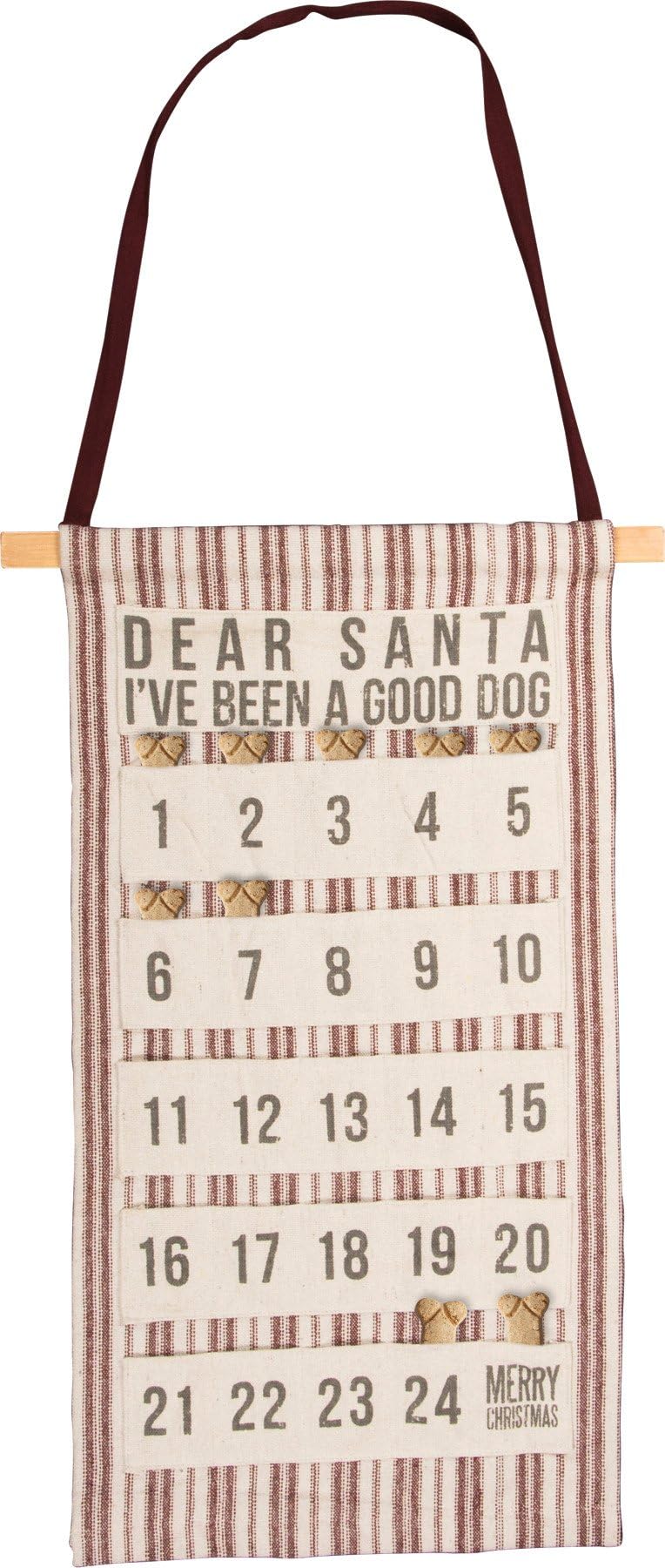 Striped fabric dog advent calendar with 24 numbered treat pockets