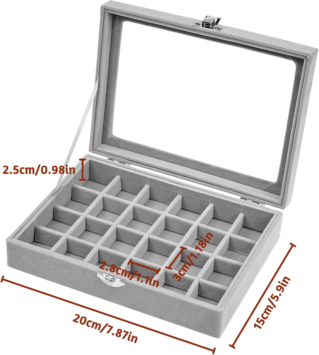 LTHERMELK 24 Grids Velvet Glass Jewellery Ring Display Organiser Box Grey Velvet Jewellery Box Adjustable Storage Grids With Glass Lid for Ring Earring Necklace Bracelets - Image 3