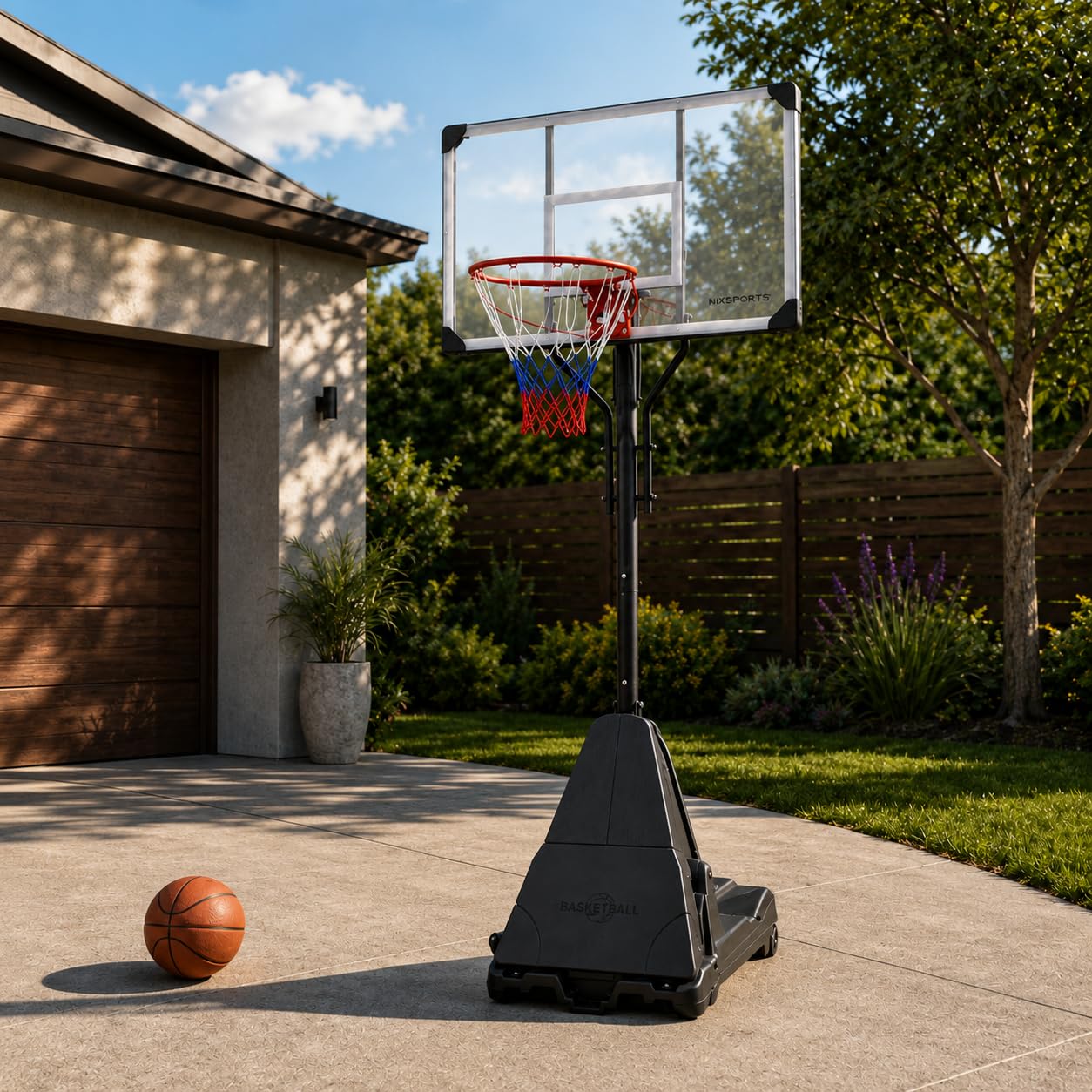 Canasta de Baloncesto portátil Regulable con Ruedas – Base rellenable, aro metálico con Red Tricolor – Uso jardín y Exterior