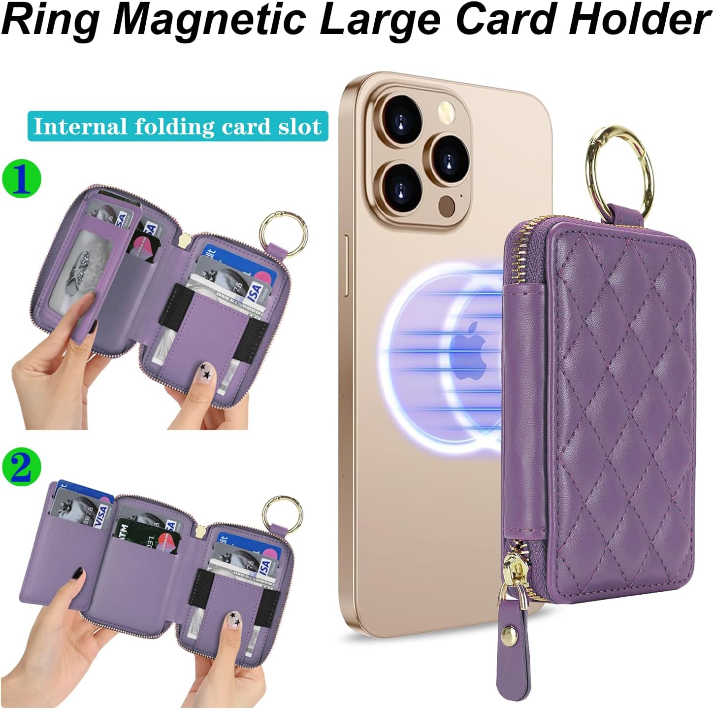 Compatible with MagSafe Wallet,Magnetic Wallet for iPhone 17/16 Pro Max/15 Pro/14 Plus/13/12 Series,PU Leather Zipper Pocket Card Holder Adjustable Stand-Light Purple