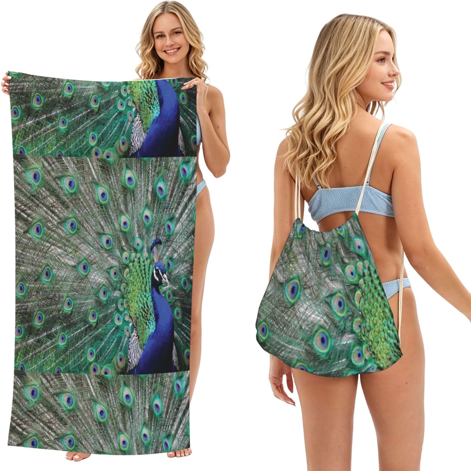 Poadnly As Picture Peacock Displaying Feathers Open Wings, 2 In 1 Packable Towel Bag, Beach Towels With Drawstring Backpack For Travel Holiday Camping