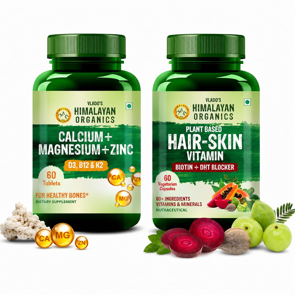 Vlado's Himalayan Organics Calcium Magnesium Zinc with Vitamin D3, B12 & K2 + Plant-Based Hair Vitamin with Biotin & DHT Blocker | Bone, Joint, Hair & Scalp Support | Combo Pack-image-43