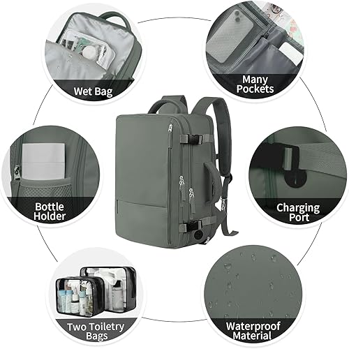 Miniatura 6 de Hanples Mochila de viaje para mujeres y hombres, mochila grande para artículos personales, mochila para laptop aprobada por la TSA Flight, Verde