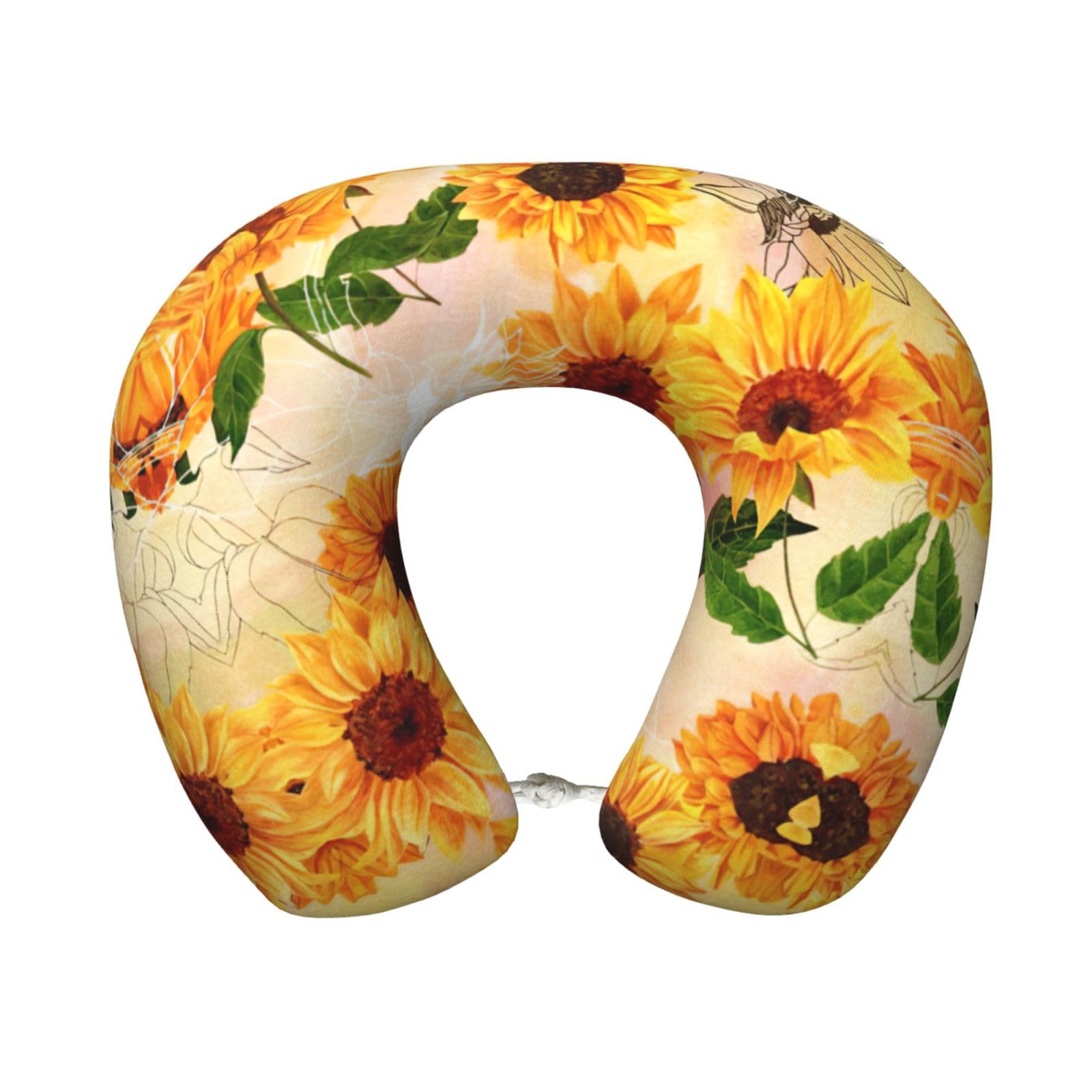 ASFgda U-Shape Memory Foam Beautiful Sunflower Print Travel Pillow,Neck Support,Washable Cover For Airplane Car Home Office