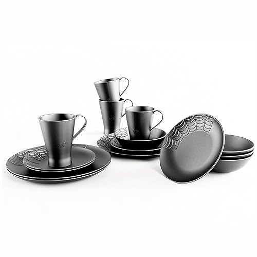 Nomnu Spiderweb Dinnerware Set (16 Pieces) - Goth Dinnerware Set - Black Matte Porcelain - 4 Dinner Plates 4 Salad Plates 4 Bowls 4 Mugs - Halloween Spooky Dishes Gothic Kitchen Decor Gifts - Set of 16