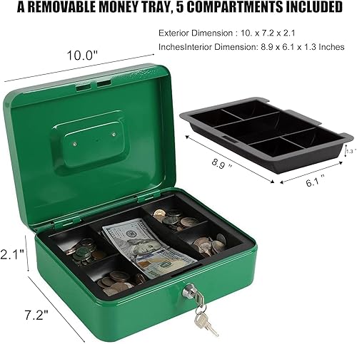 Miniatura 4 de Caja de dinero grande con cerradura con bandeja extraíble para monedas, caja de dinero de metal segura portátil con cerradura de llave, organizador