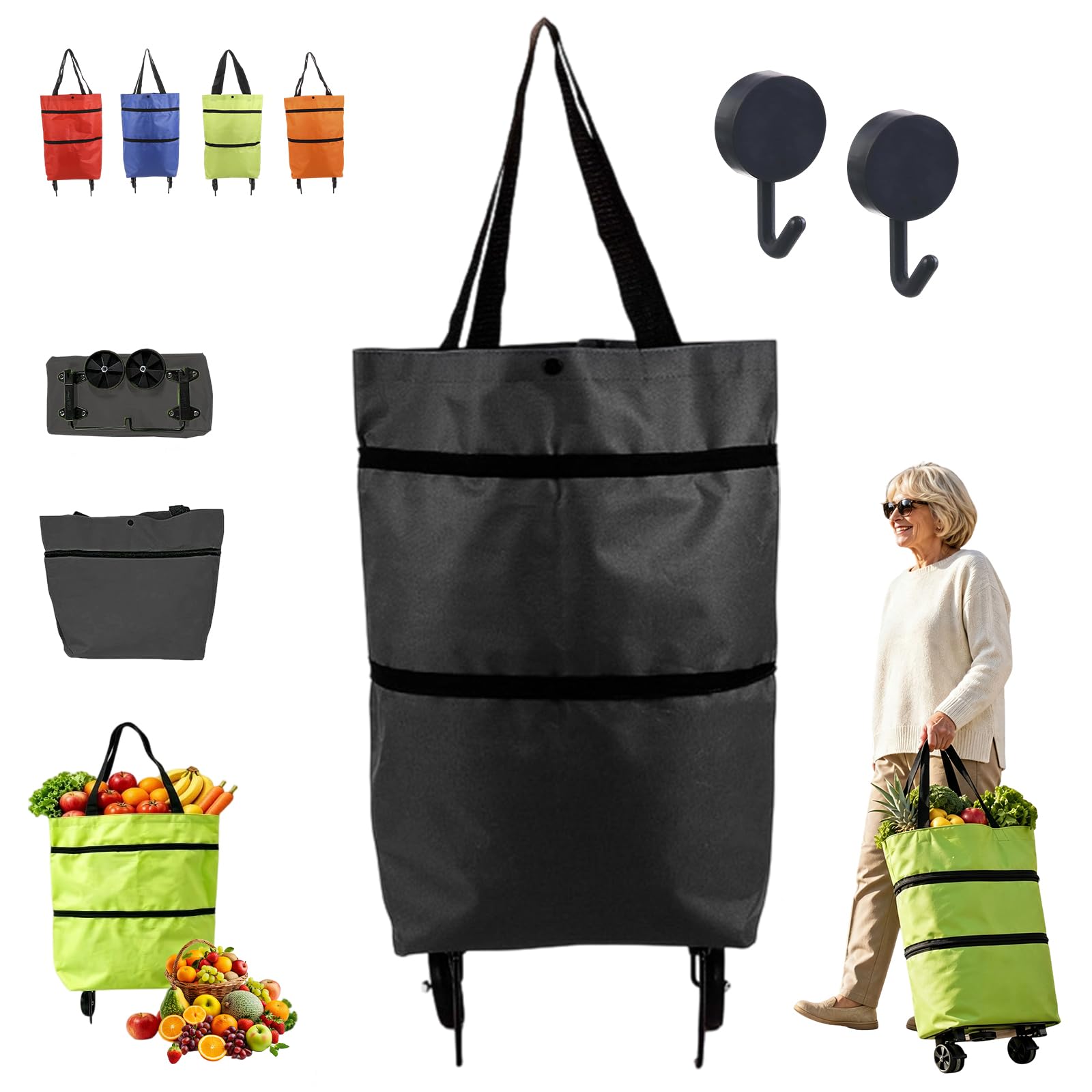 2-in-1 Foldable Shopping Cart, Oxford Cloth Shopping Trolley on Wheels with 5kg Capacity, Lightweight Reusable Shopping Cart for Travel Supermarket Camping (#1)