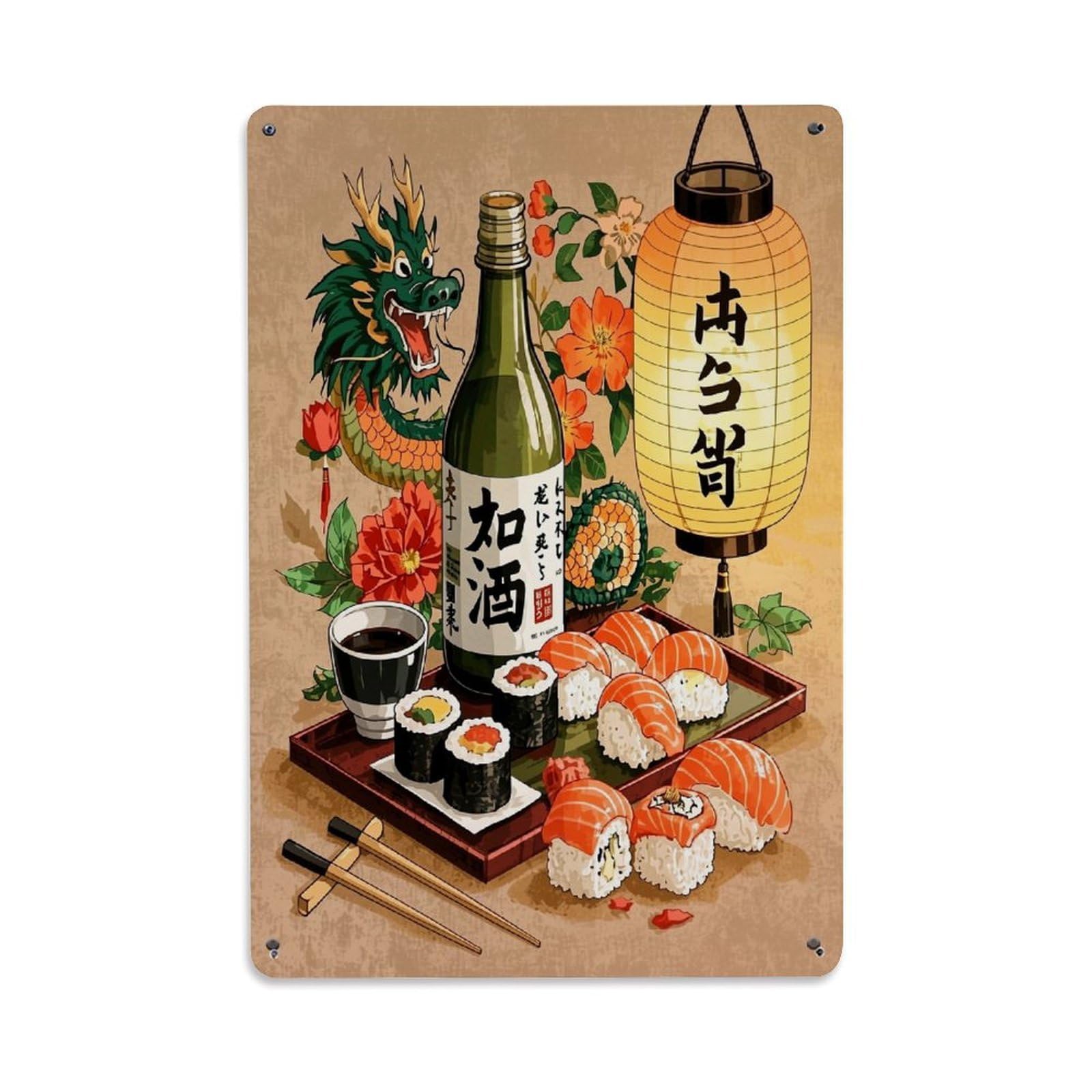 Jdfenggu Vintage Japanese Sushi Sake Dragon Lantern Retro Metal Tin Sign, Metal Poster For Bar, Home, Man Cave, Kitchen, Laundry Room Art Decor 8X12 Inch