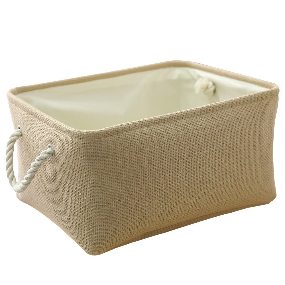 Collapsible Canvas Fabric Storage Bin Basket with Rope Handles (Beige, XLarge)