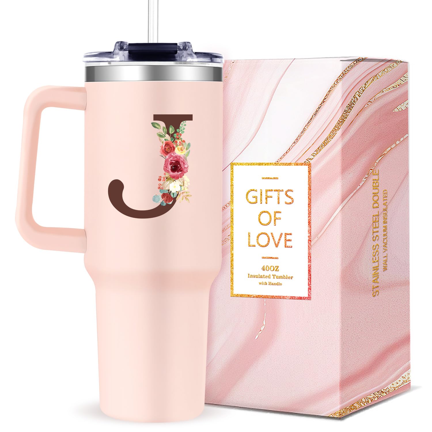 Gooddooes Monogrammed 40oz Tumbler with Handle for Women, Personalized Birthday Gifts for Women,Initial Cups for Woman Floral Letter J,Customized Gifts for Female Lady Gift for Mothers Day Christmas