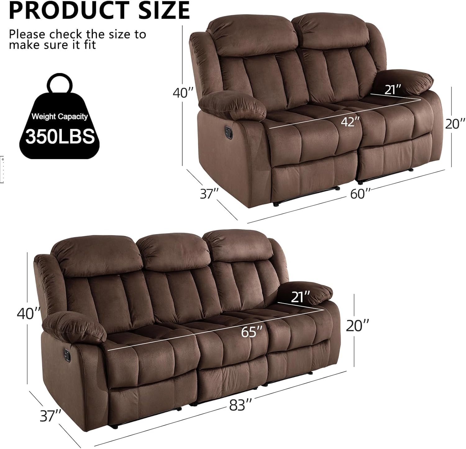 EBELLO Manual Reclining Sofa Set, Classic 5-Seater Furniture Set with Overstuffed Arms and Backrest, Include 1 Loveseat Couch and 1 3- Seat Sofa, Brown