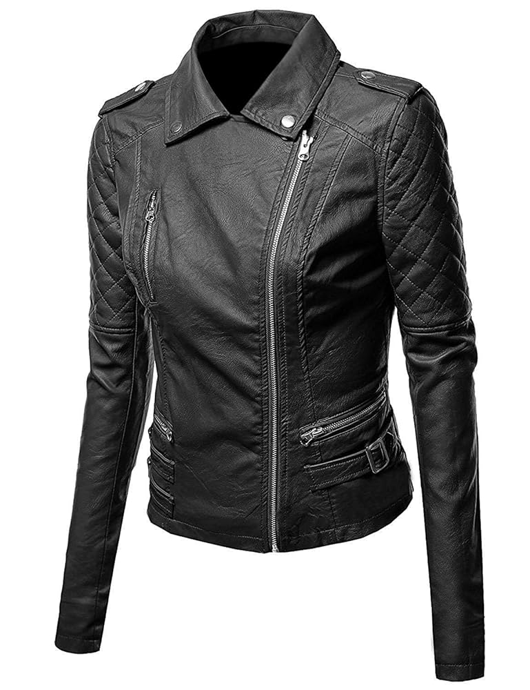 ジャケット・アウター UNUSED / No collar leather jacket Notch Collar Quilted Biker Faux Leather Jacket for Women