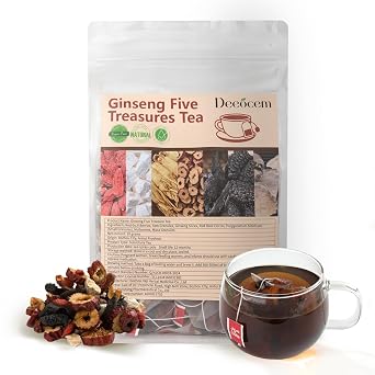 Ginseng Five Treasures Tea - 40 Bags Energy & Wellness Herbal Tea for Men, Natural Caffeine-Free Korean Ginseng Tea with Goji Berry, Red Dates, Yam, Maca, Traditional Chinese Formula