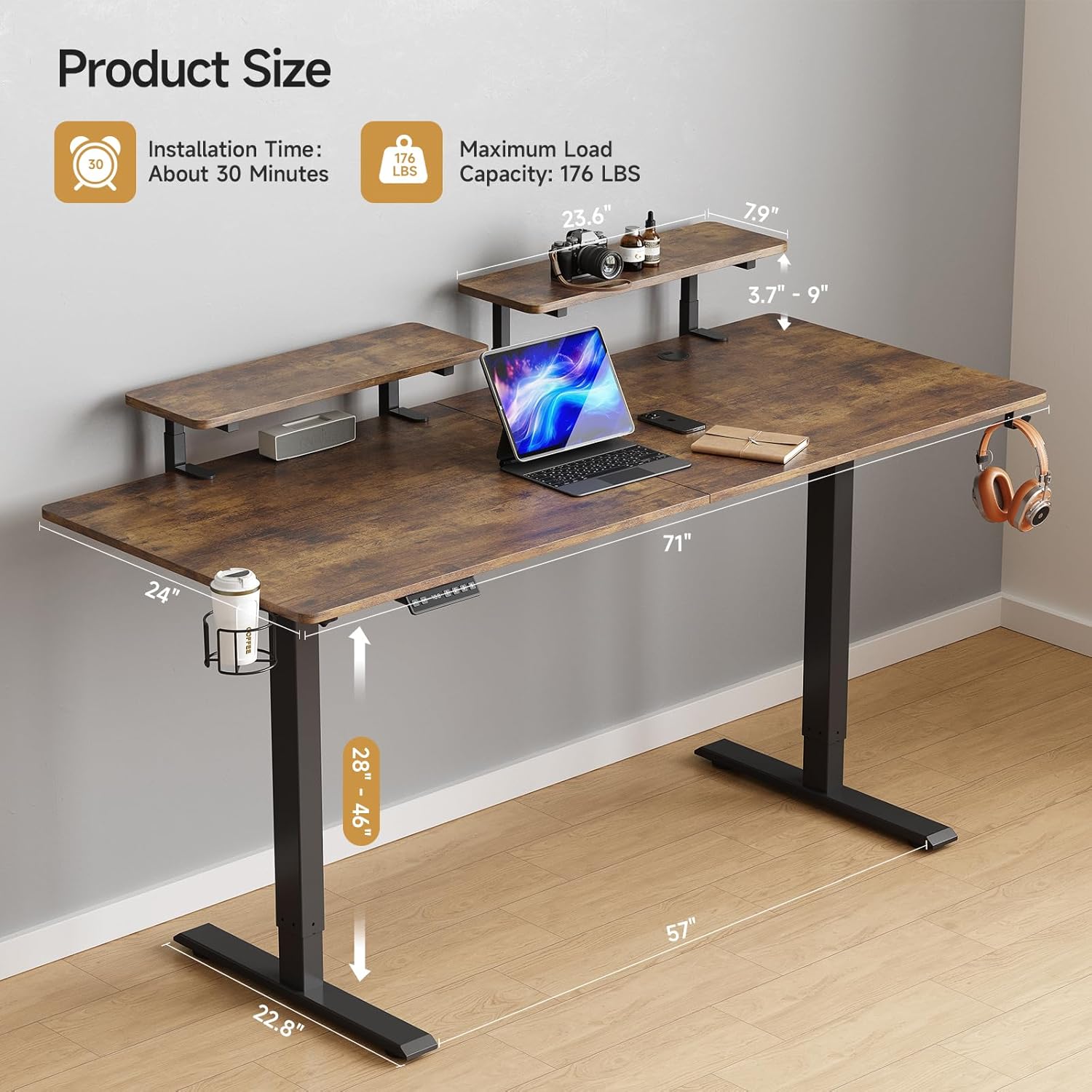ONBRILL Standing Desk with 2 Adjustable Monitor Shelves, 71 x 24 Inches Electric Stand Up Desk with Memory Controller and Adjustable Height from 28-46 inches for Computer Workstations, Rustic Brown