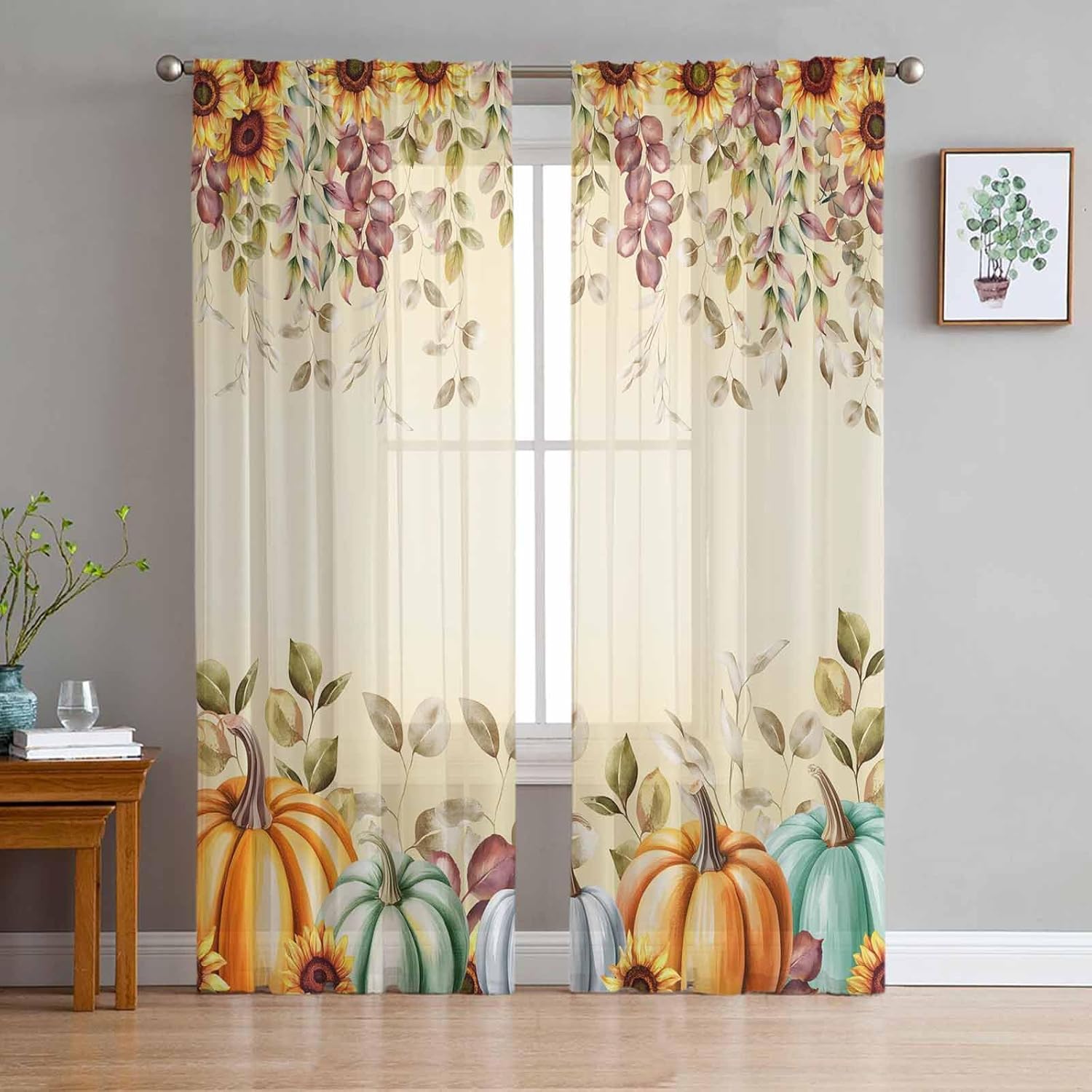Thanksgiving Pumpkins Eucalyptus Leaves Sheer Curtains 84 Inch Length 2 Panels Set for Living Room/Bedroom,Fall Sunflowers Semi Curtain Sheers Drapes Rod Pocket Floral Curtains Window Set 52x84x2 Inch