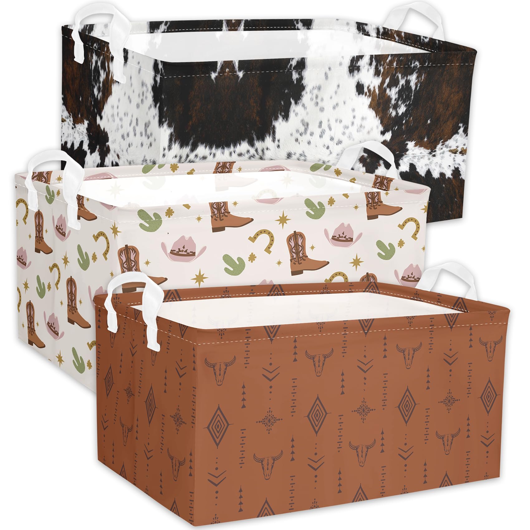 3 Pcs Western Bull Boho Rectangle Storage Basket Collapsible Highland Cow Storage Bin for Nursery Toys Books Waterproof Baskets for Closet Shelves Bedroom Decor(Cow)