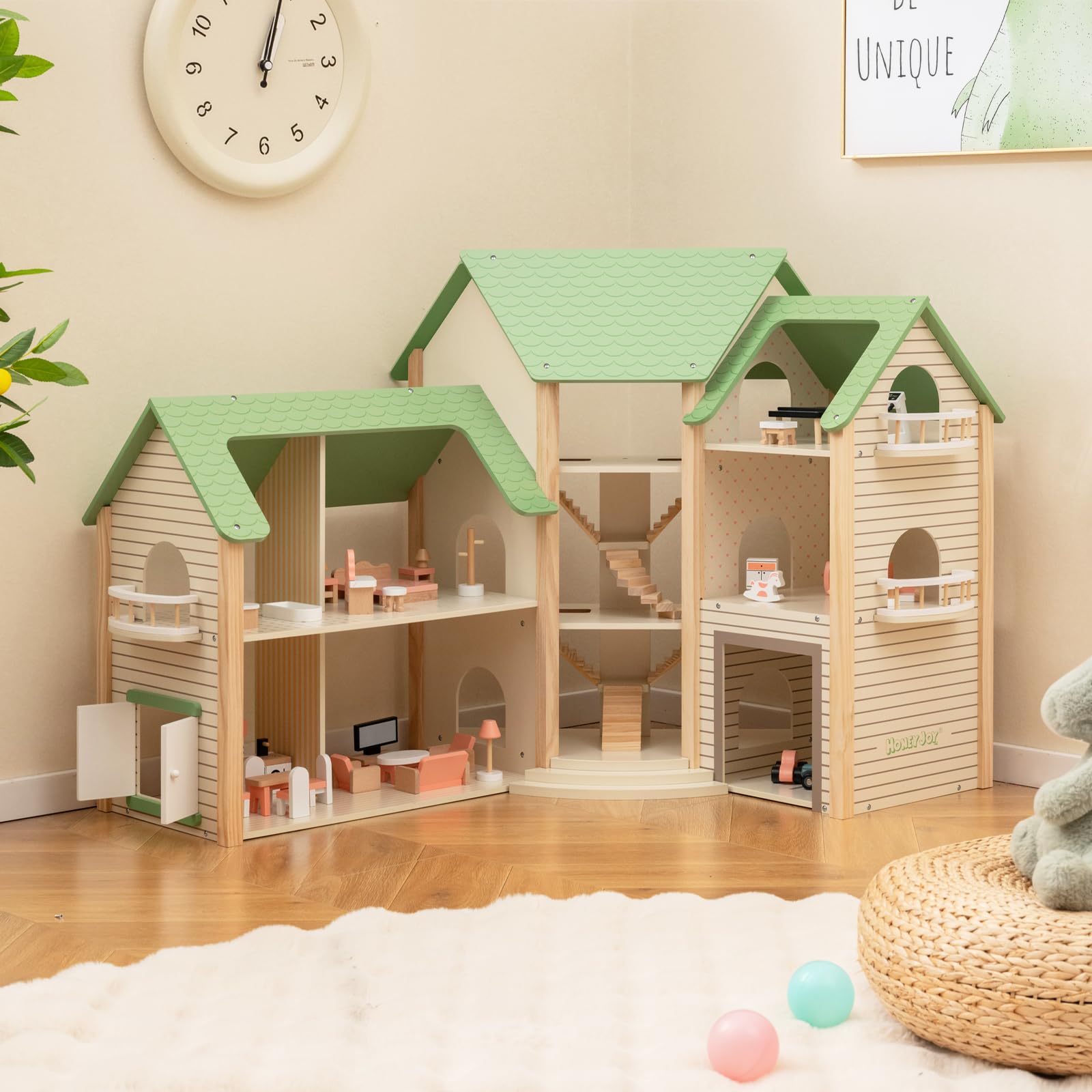 GOPLUS Puppenhaus aus Holz, Dollhouse mit 36-teiligem Zubehör, Traumhaus mit 6 Zimmern, eingebauten Treppen & Balkonen & Garage mit 2 Spielzeugautos für Mädchen ab 3 Jahren (Model 1)