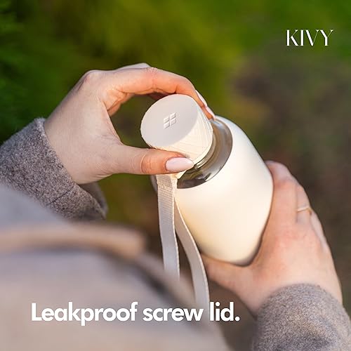 Miniatura 2 de KIVY Botella de agua de vidrio con funda de silicona de 32 onzas [CON medidas] – Botella de agua de vidrio de borosilicato con tapa de rosca