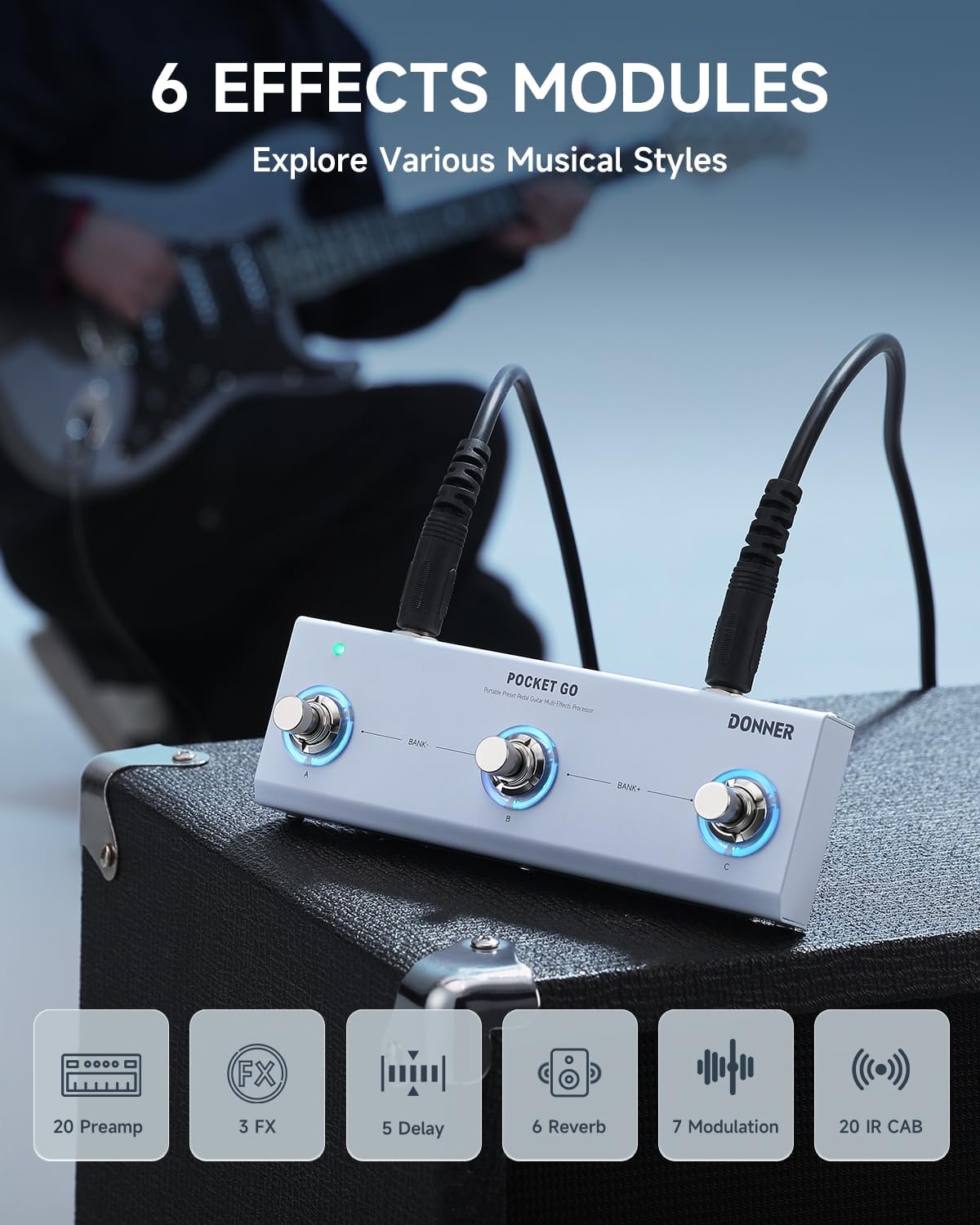 Donner Pocket Go pedal displaying 6 effects modules: 20 Preamp, 3 FX, 5 Delay, 6 Reverb, 7 Modulation, 20 IR CAB