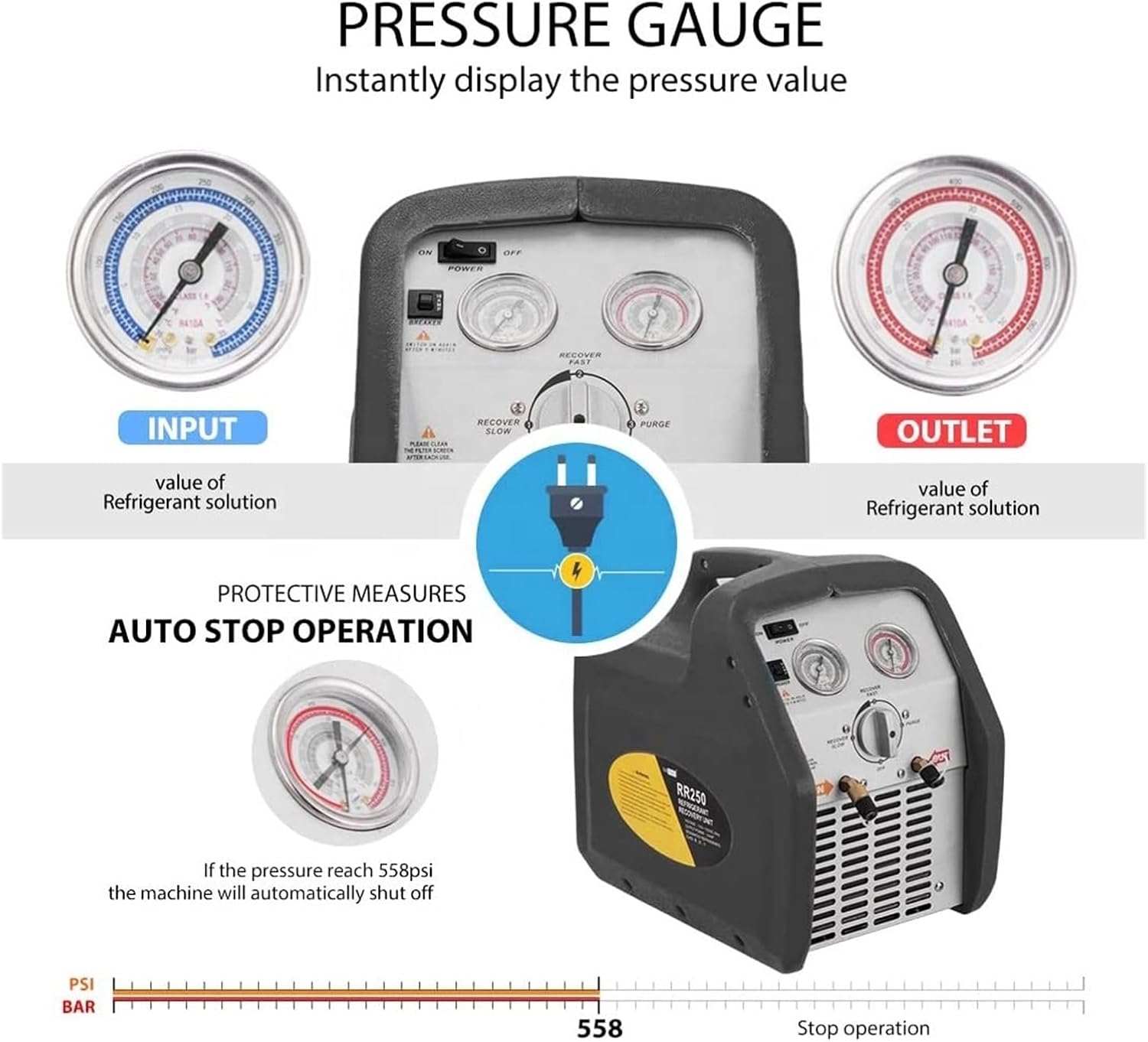 AC Refrigerant Gas Recovery Unit For Car Air Conditioning, Compatible With R32 & 1234yf, 1 HP Compressor, Model RR500, Black Color
