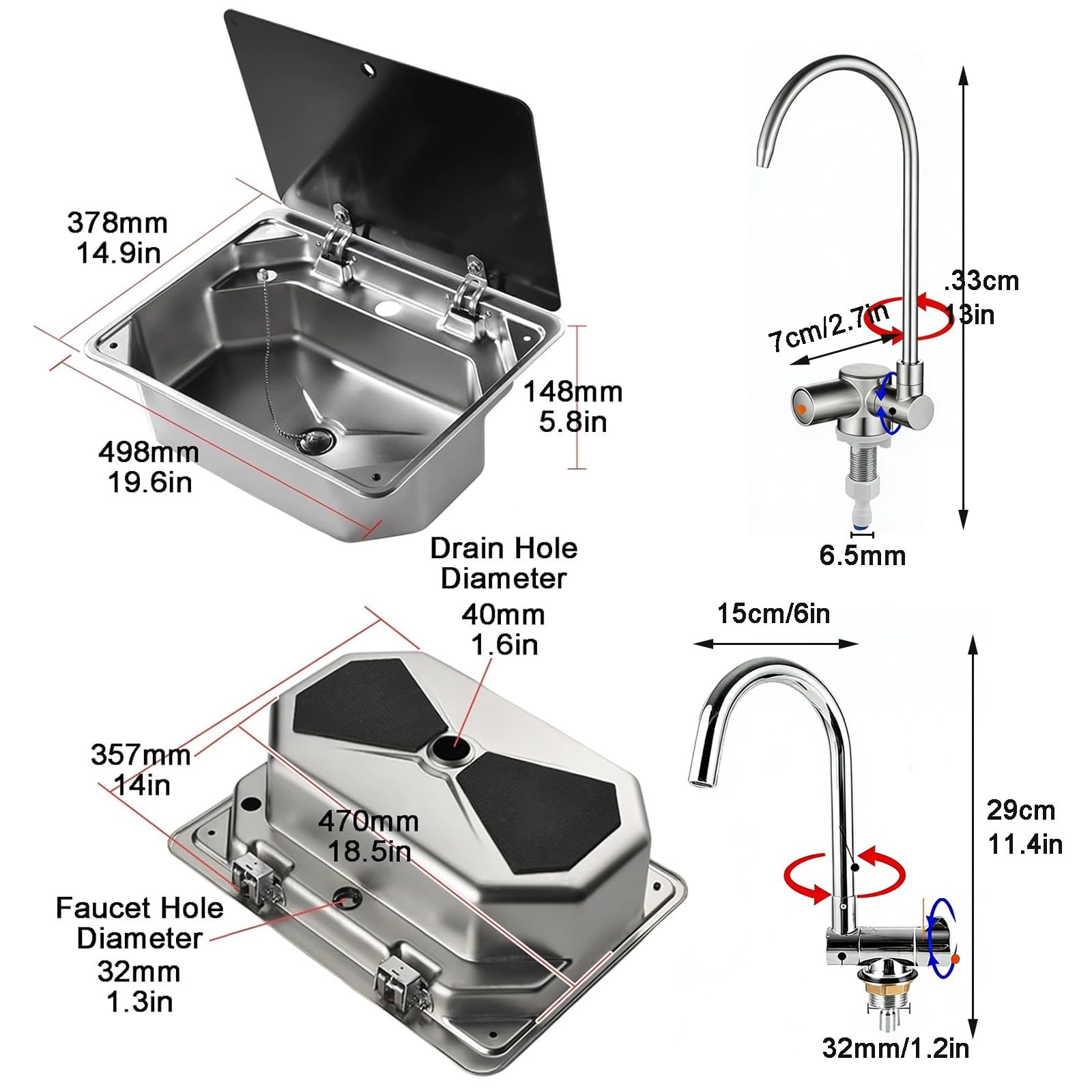 Fregadero de Cocina para Autocaravana con Tapa, Fregadero de Acero Inoxidable 304 para Montaje Bajo Encimera con 2 Grifos Plegables para Barco, Yate, Remolque, Cocina Pequeña