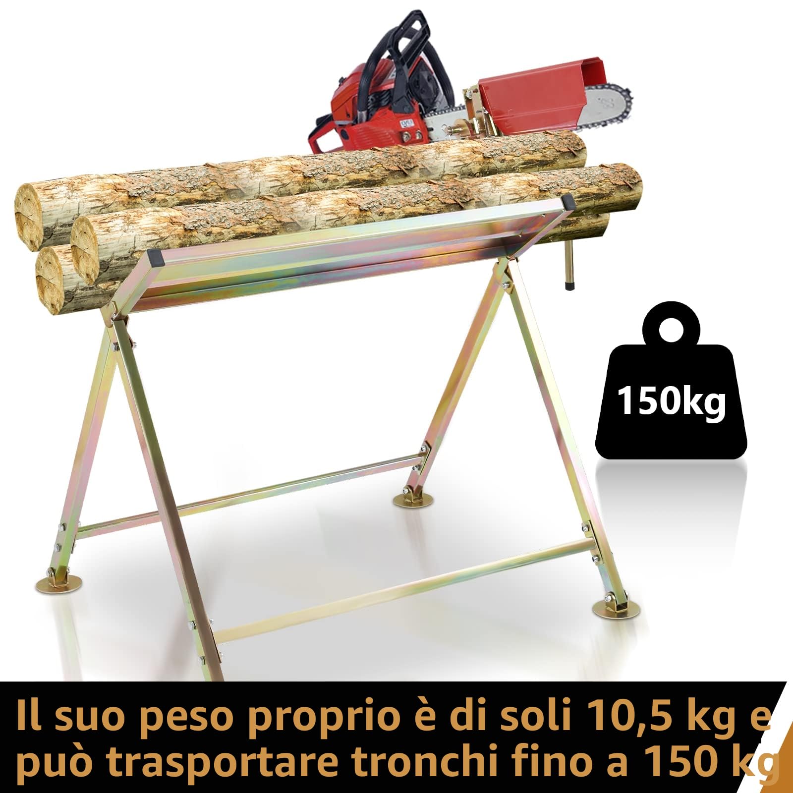 Herrselsam Cavalletto con supporto per motosega, paracatena, asta di misurazione, fino a 150 kg, 81 x 72 x 78,5 cm, supporto pieghevole, adatto per segheri, officine