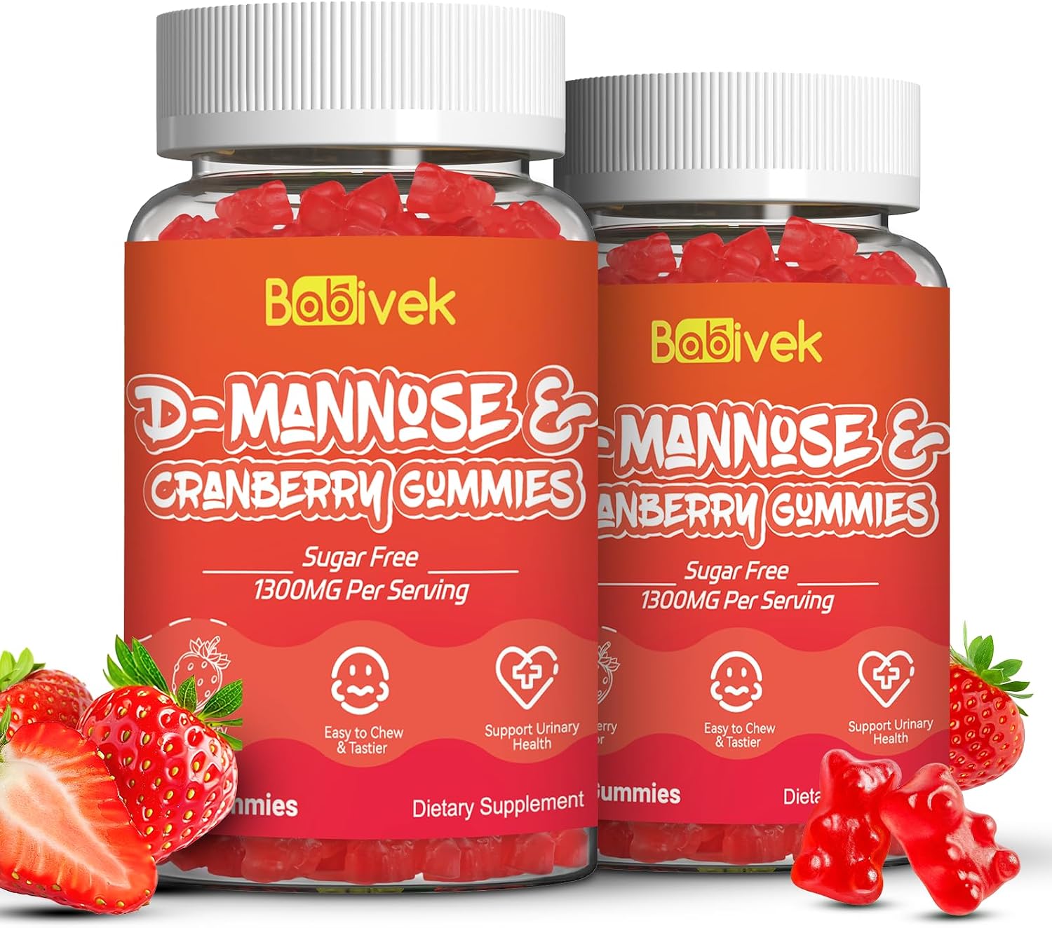 D-Mannose Gummies 1300mg per Serving with Cranberry, Sugar-Free, Vegan, Non-GMO, Gluten-Free, Supports Bladder & Urinary Tract Health, Immune Support, 60 Count, Pack of 2