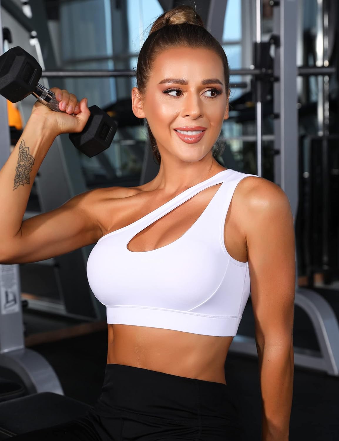 Sykooria Womens One Shoulder Sports Bras Workout Left Strap Yoga Bras Cute Medium Support Crop Tops - Image 2