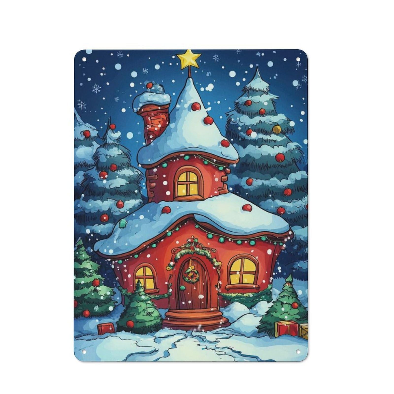 Junmoney Christmas Cottage Tree Metal Wall Sign 40X30cm Featuring For Bar Or Restaurant, For Restaurant Interior Fans