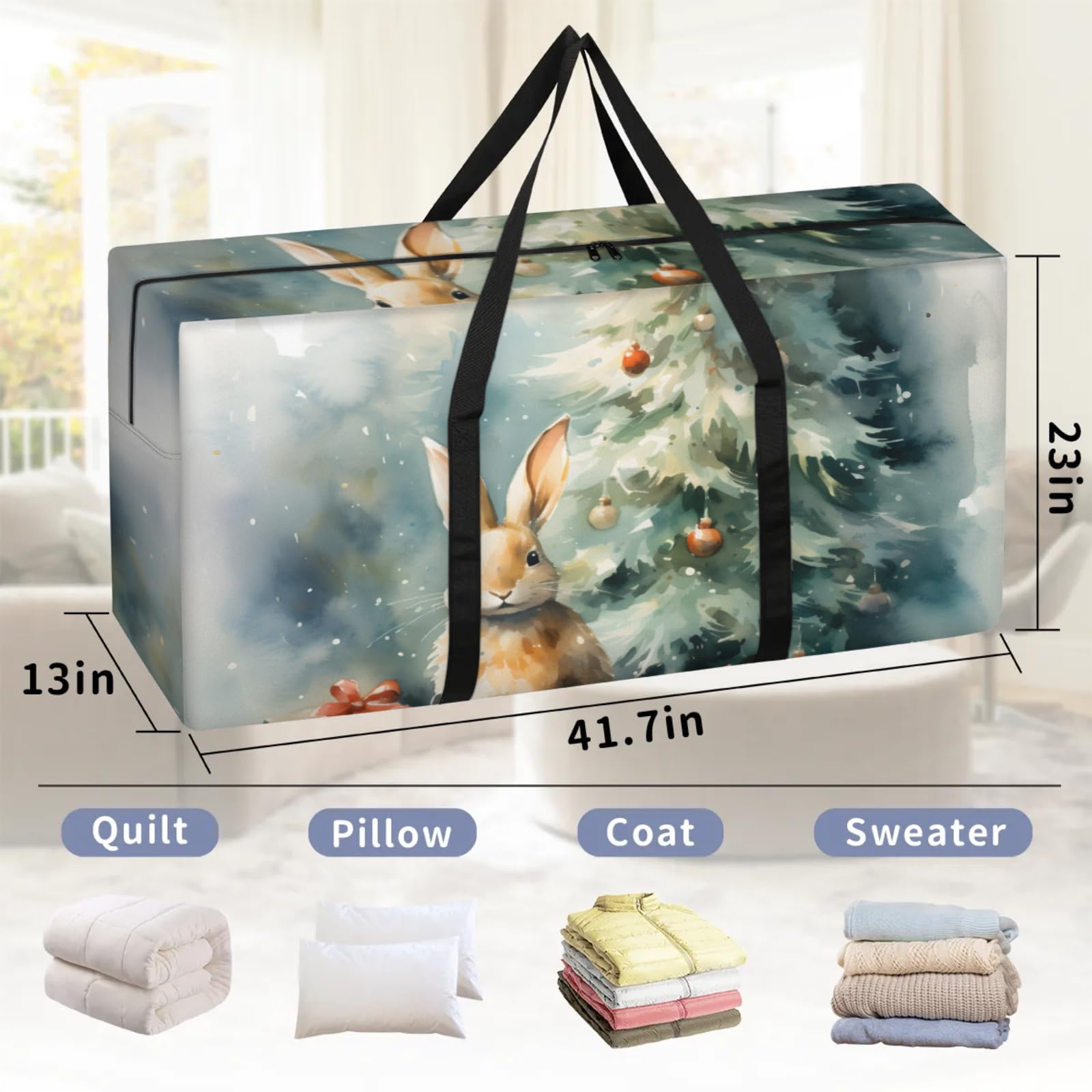 Flowers Bunny Extra Large Moving Bags Heavy Duty Storage Bags Christmas Tree Cloth Wrap Around Handles Double Zipper Reusable Convenient Foldable Storage Tote for Travel Camping Space Save
