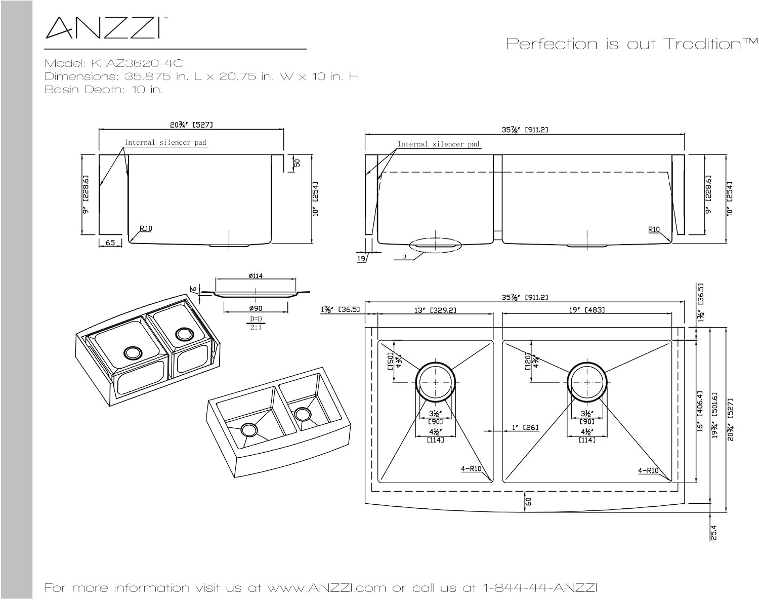 ANZZI Elysian 36" Stainless Steel Farmhouse Stainless Steel Kitchen Sink, Modern Brushed Satin 40/60 Dual Bowl Deep Soak Basin with Extra Large Noise Absorbing Pads Kitchen Sinks, K-AZ3620-3B