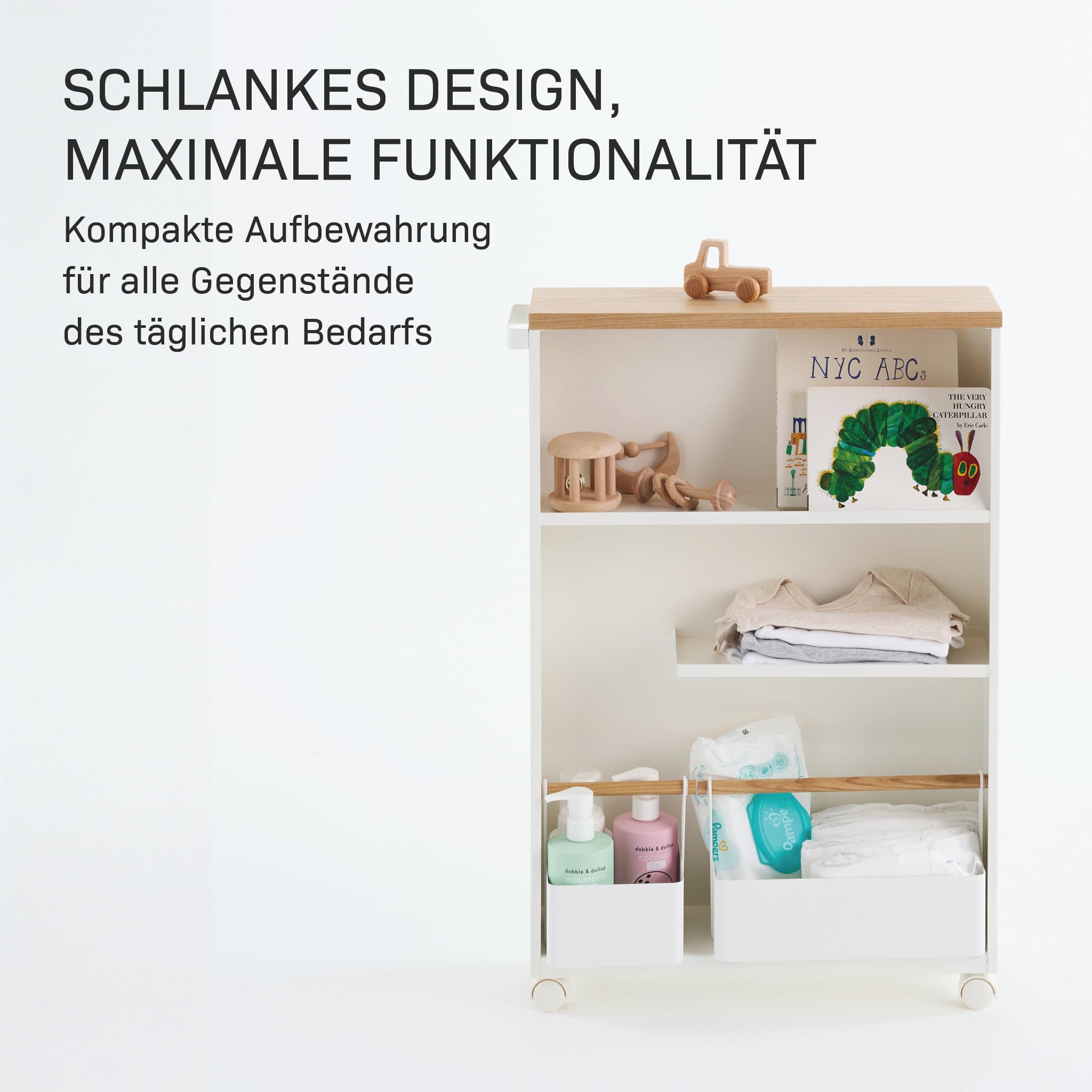 YAMAZAKI Tower Halbgeschlossener Aufbewahrungswagen aus Stahl - mit Holzablage/Rollen, schmal, modern - 47,5 x 13 x 68 cm, Japanisches Design, weiß