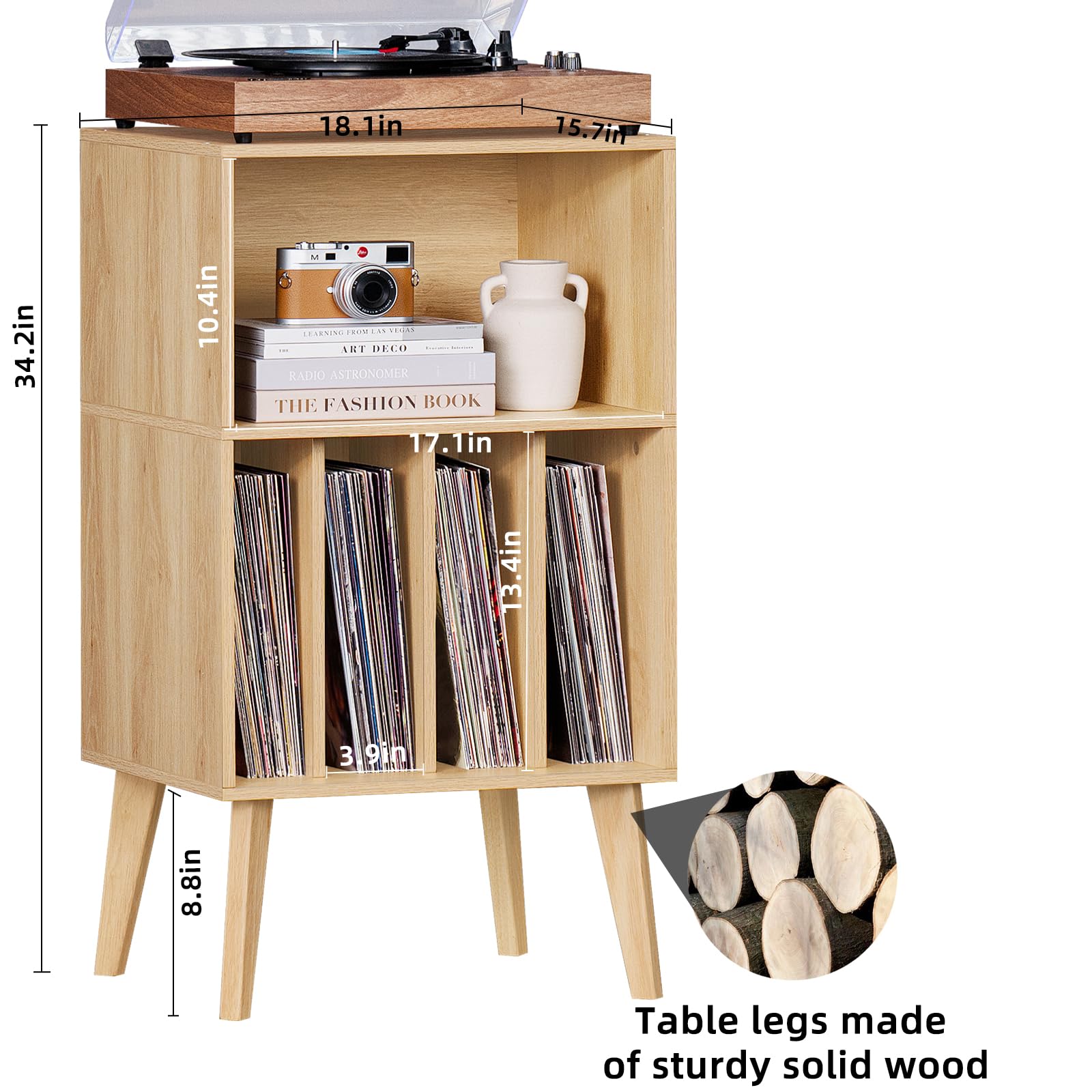 Lerliuo Plattenspielerständer, Burlywood Plattenspielerständer für bis zu 160 Alben, Mid-Century Vinyl Aufbewahrungsschrank Tisch mit Massivholzbeinen, Plattenspieler-Halter, Display Regal für