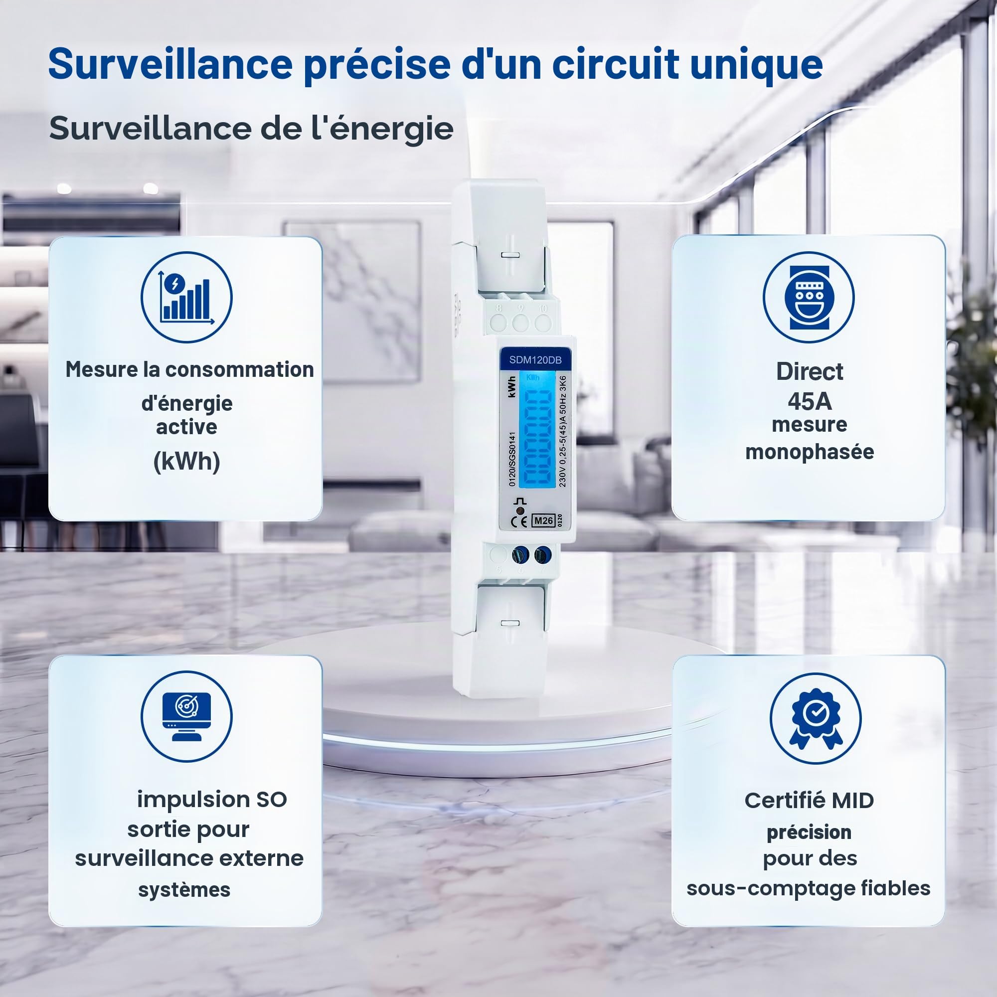 SDM120DB-MID Compteur d'électricité monophasé, sortie d'impulsion 1000imp, secteur 45A kWh, moniteur d'énergie sur rail DIN à faible coût, avec compteur d'impulsions, écran LCD rétroéclairé
