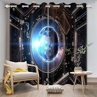 Umpoo Spaceship Interior Blackout Window Curtains Outer Space Earth Surface Futuristic Science Fiction Window Drapes 2 Panel Set for Kids Room Nursery Bedroom Window Treatments Fabric, 21x45 Inch
