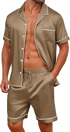 Vssjavun Mens Satin Silk Pajamas Sets Short Sleeve Button-Down Sleepwear Two Piece Loungewear with Pockets