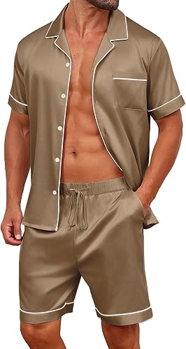 Vssjavun Mens Satin Silk Pajamas Sets Short Sleeve Button-Down Sleepwear Two Piece Loungewear with Pockets