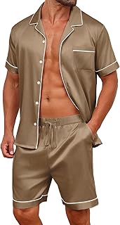 Vssjavun Mens Satin Silk Pajamas Sets Short Sleeve Button-Down Sleepwear Two Piece Loungewear with